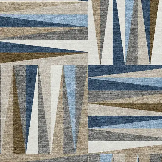 Navy Blue Brown And Ivory Geometric Washable Area Rug With UV Protection Photo 2