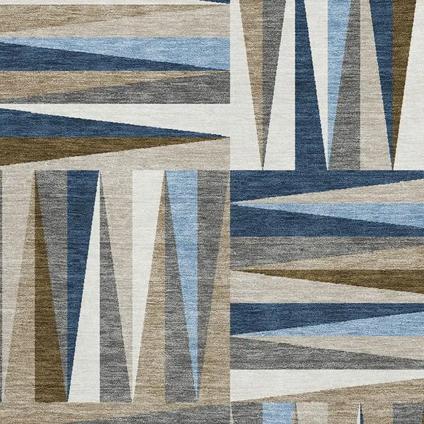 Navy Blue Brown And Ivory Geometric Washable Area Rug With UV Protection Photo 2