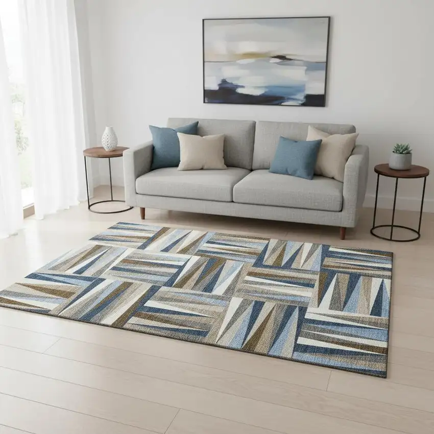 Navy Blue Brown And Ivory Geometric Washable Area Rug With UV Protection Photo 2