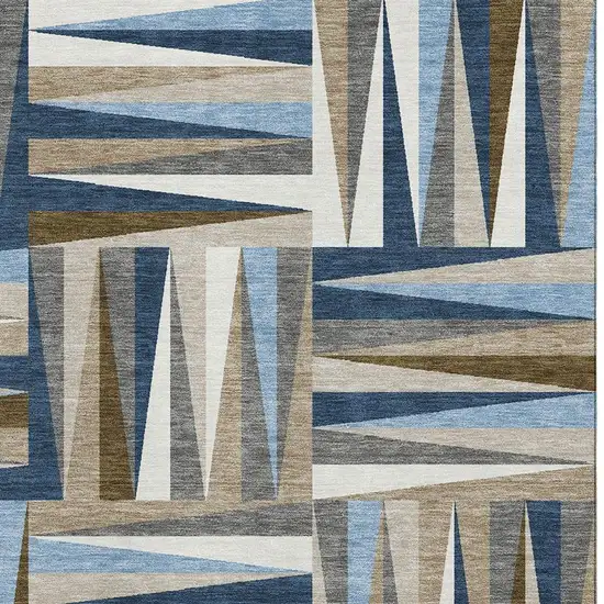 Navy Blue Brown And Ivory Geometric Washable Area Rug With UV Protection Photo 3