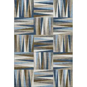 Photo of Navy Blue Brown And Ivory Geometric Washable Area Rug With UV Protection
