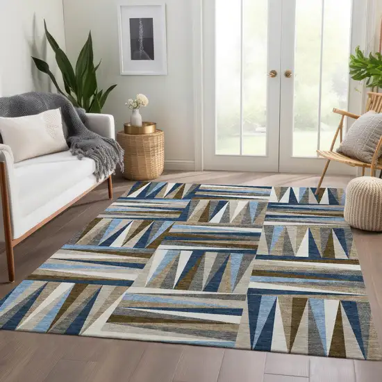 Navy Blue Brown And Ivory Geometric Washable Area Rug With UV Protection Photo 5