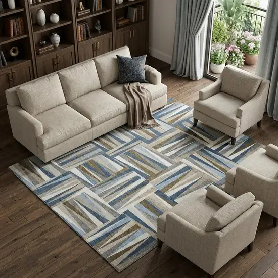 Navy Blue Brown And Ivory Geometric Washable Area Rug With UV Protection Photo 1