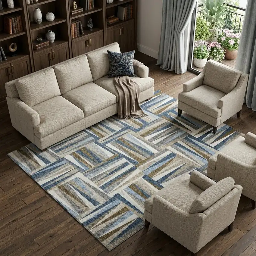 Navy Blue Brown And Ivory Geometric Washable Area Rug With UV Protection Photo 1