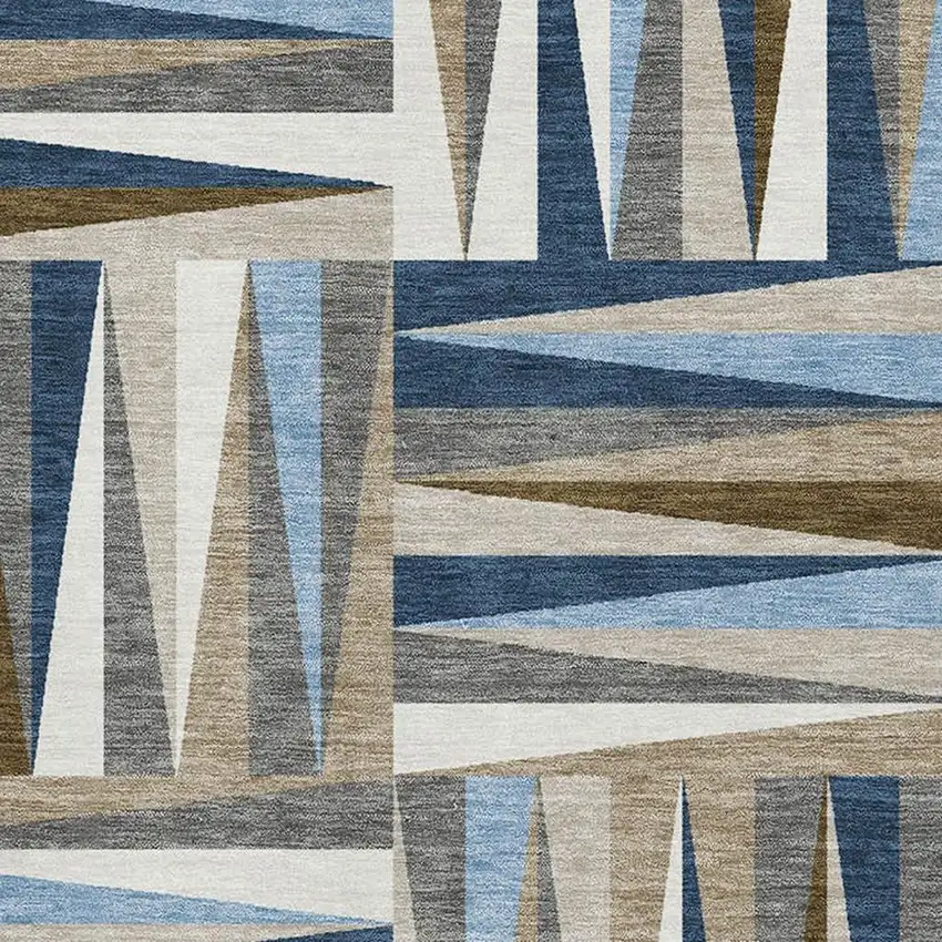 Navy Blue Brown And Ivory Geometric Washable Area Rug With UV Protection Photo 2