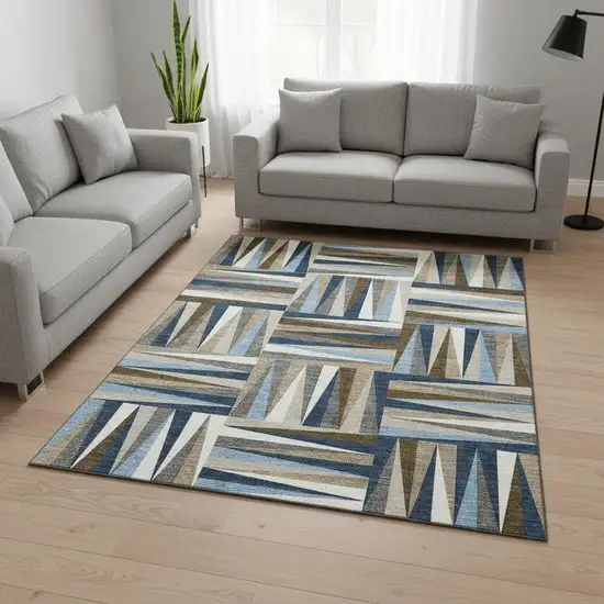 Navy Blue Brown And Ivory Geometric Washable Area Rug With UV Protection Photo 2