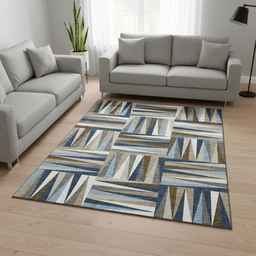 Navy Blue Brown And Ivory Geometric Washable Area Rug With UV Protection Photo 2