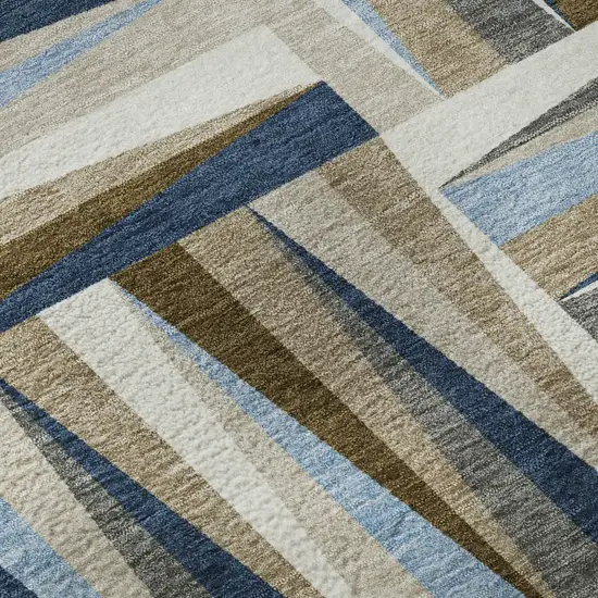 Navy Blue Brown And Ivory Geometric Washable Area Rug With UV Protection Photo 9