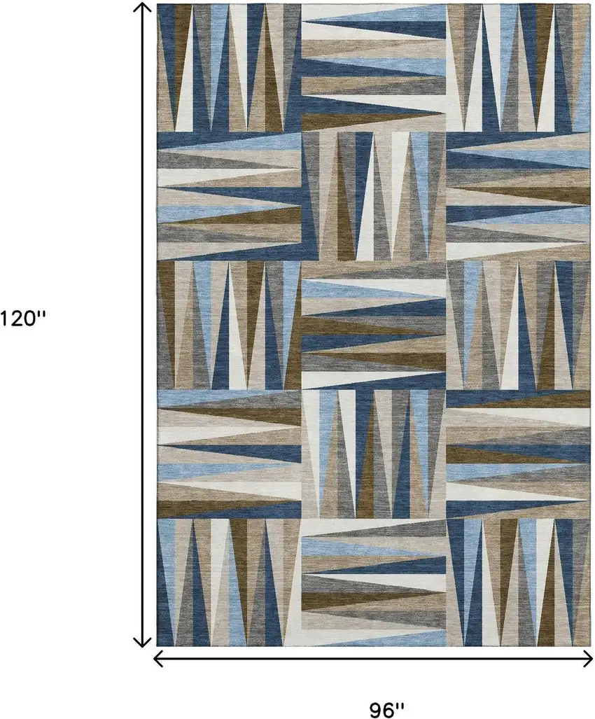 Navy Blue Brown And Ivory Geometric Washable Area Rug With UV Protection Photo 6
