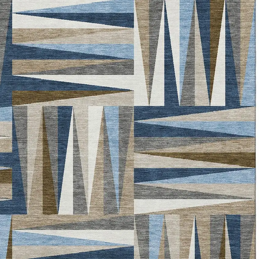 Navy Blue Brown And Ivory Geometric Washable Area Rug With UV Protection Photo 3