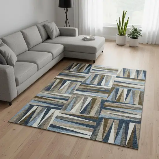 Navy Blue Brown And Ivory Geometric Washable Area Rug With UV Protection Photo 2