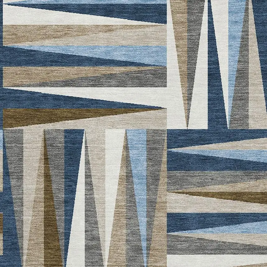 Navy Blue Brown And Ivory Geometric Washable Area Rug With UV Protection Photo 2