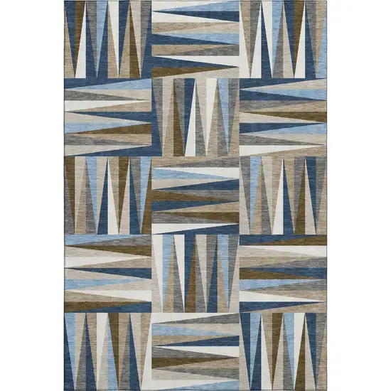 Navy Blue Brown And Ivory Geometric Washable Area Rug With UV Protection Photo 1