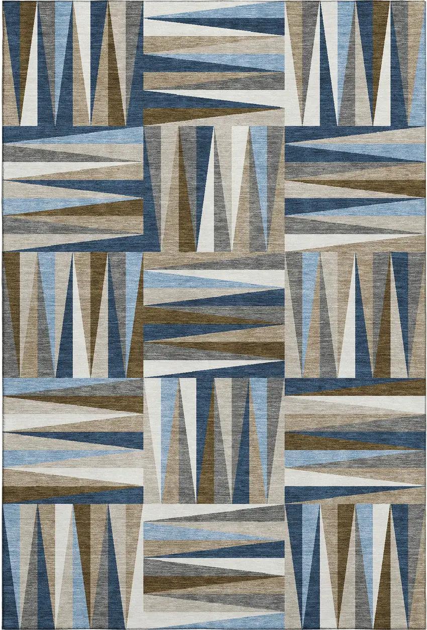 Navy Blue Brown And Ivory Geometric Washable Area Rug With UV Protection Photo 1
