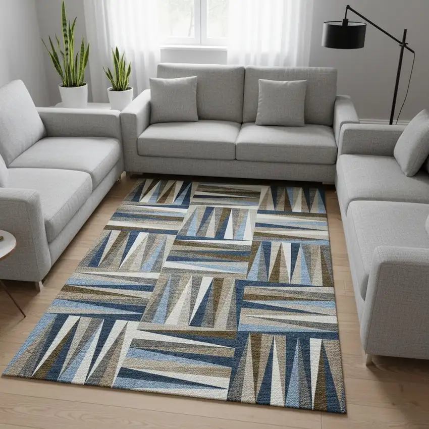 Navy Blue Brown And Ivory Geometric Washable Area Rug With UV Protection Photo 2