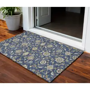Photo of Navy Blue Brown And Ivory Moroccan Washable Indoor Outdoor Area Rug