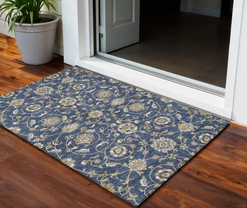 Navy Blue Brown And Ivory Moroccan Washable Indoor Outdoor Area Rug Photo 1