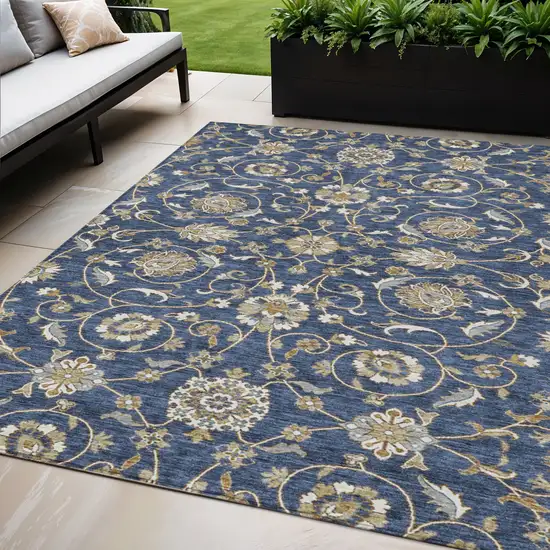 Navy Blue Brown And Ivory Moroccan Washable Indoor Outdoor Area Rug Photo 1