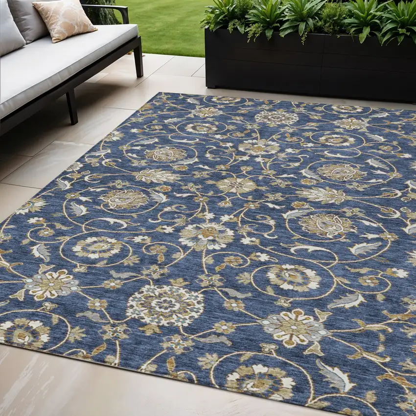 Navy Blue Brown And Ivory Moroccan Washable Indoor Outdoor Area Rug Photo 1