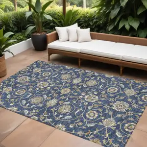 Photo of Navy Blue Brown And Ivory Moroccan Washable Indoor Outdoor Area Rug