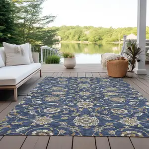 Photo of Navy Blue Brown And Ivory Moroccan Washable Indoor Outdoor Area Rug