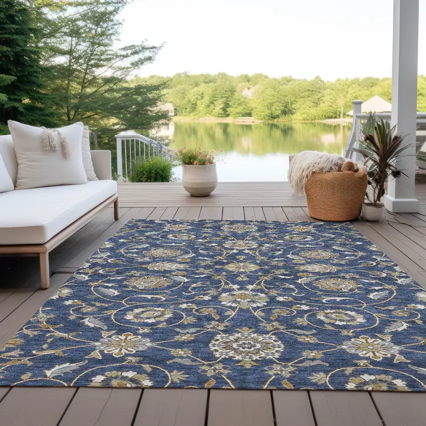 Navy Blue Brown And Ivory Moroccan Washable Indoor Outdoor Area Rug Photo 8