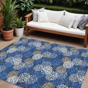 Photo of Navy Blue Brown And Ivory Polka Dot Washable Indoor Outdoor Area Rug