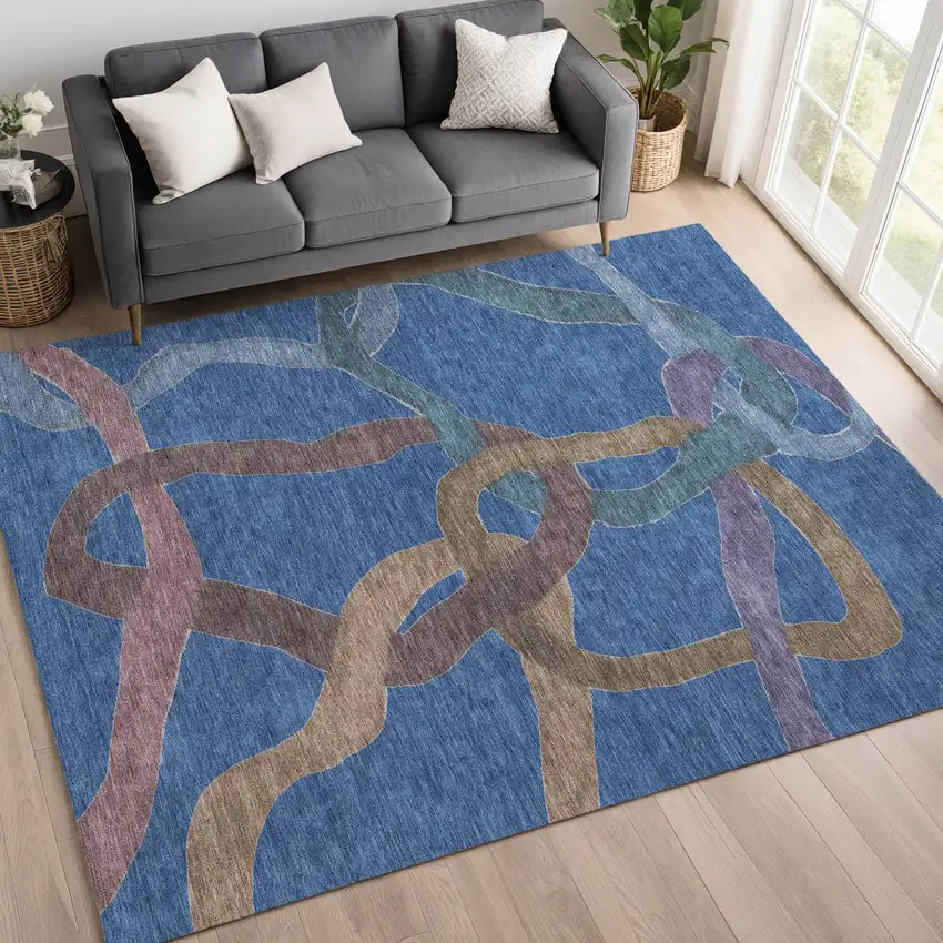 Navy Blue Brown And Mauve Abstract Washable Indoor Outdoor Area Rug Photo 3