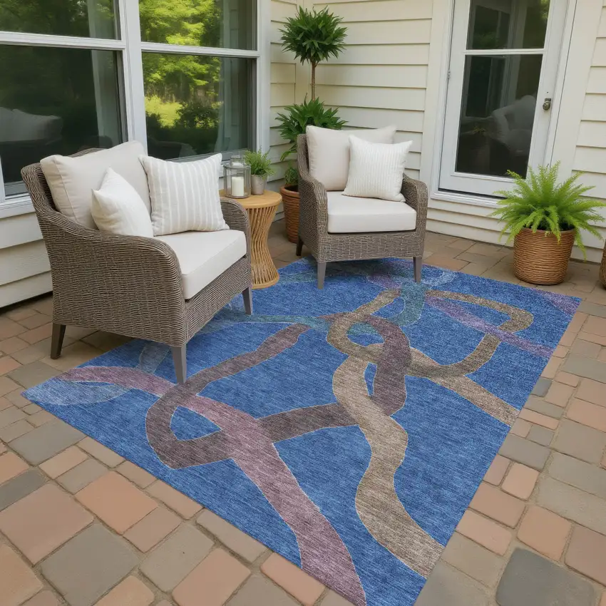 Navy Blue Brown And Mauve Abstract Washable Indoor Outdoor Area Rug Photo 2