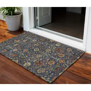 Photo of Navy Blue Brown And Red Floral Washable Indoor Outdoor Area Rug