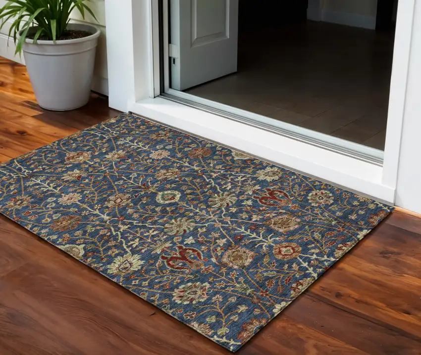 Navy Blue Brown And Red Floral Washable Indoor Outdoor Area Rug Photo 1