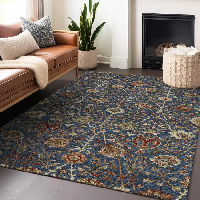 Navy Blue Brown And Red Floral Washable Indoor Outdoor Area Rug Photo 9