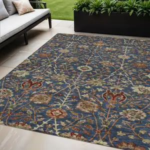 Photo of Navy Blue Brown And Red Floral Washable Indoor Outdoor Area Rug