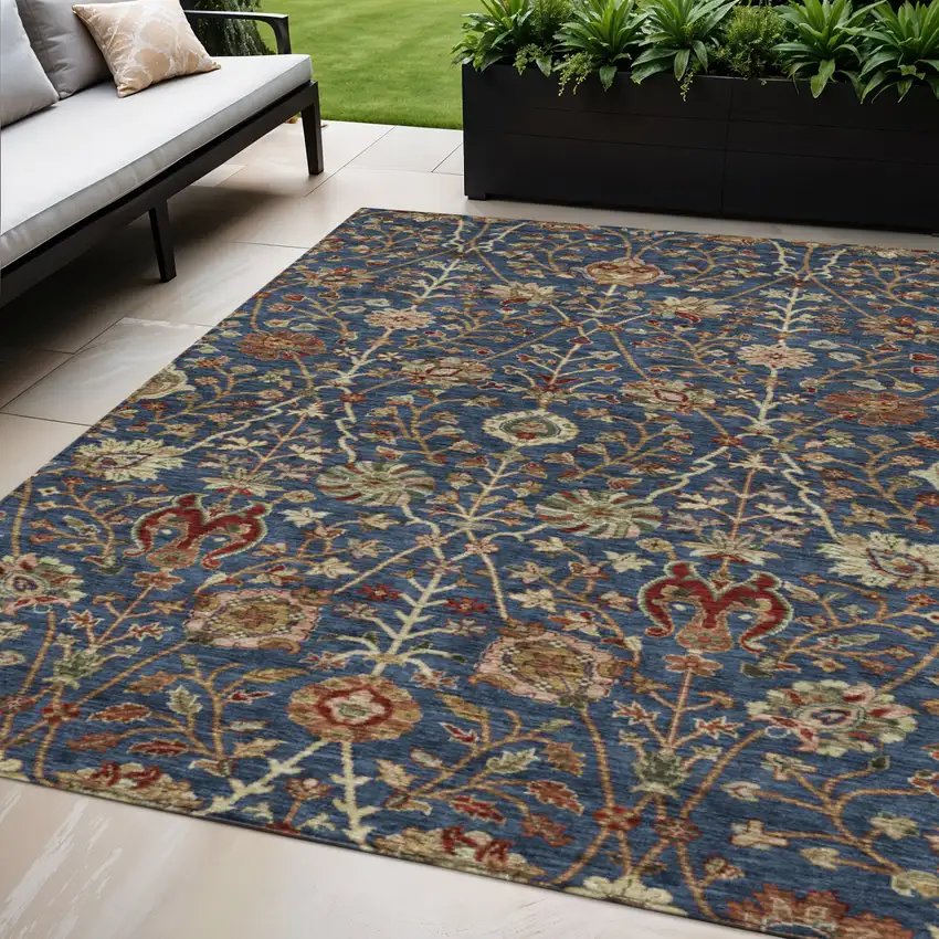 Navy Blue Brown And Red Floral Washable Indoor Outdoor Area Rug Photo 1