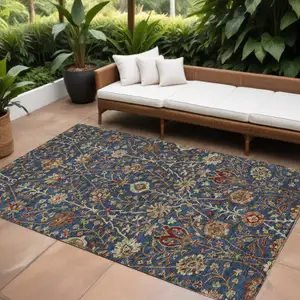 Photo of Navy Blue Brown And Red Floral Washable Indoor Outdoor Area Rug