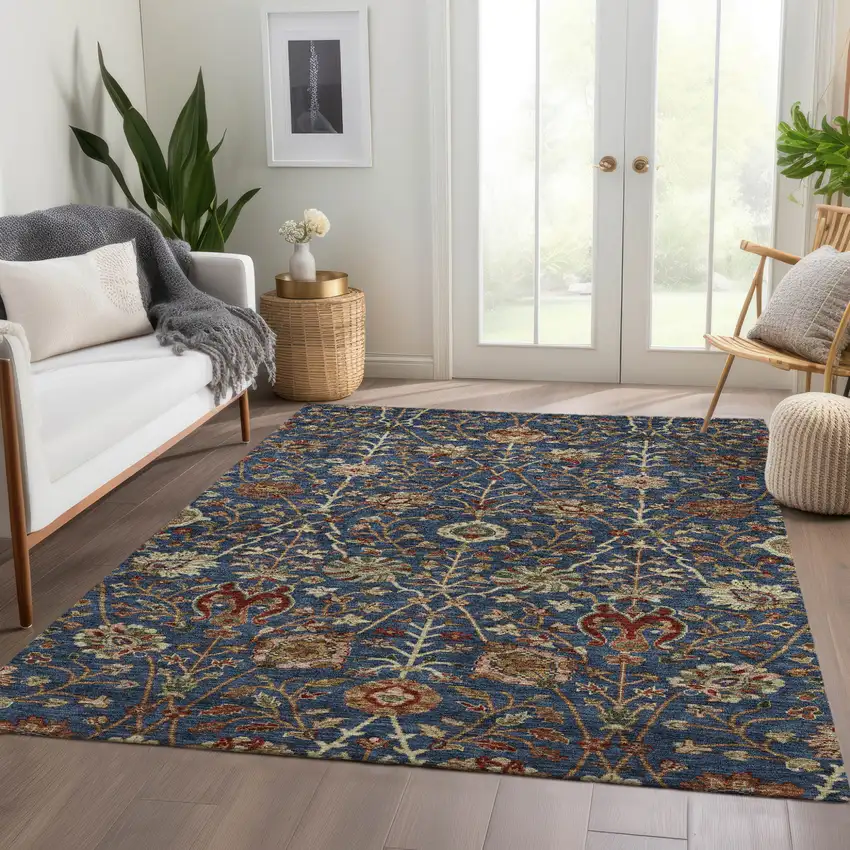 Navy Blue Brown And Red Floral Washable Indoor Outdoor Area Rug Photo 9