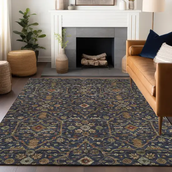 Navy Blue Brown And Red Floral Washable Indoor Outdoor Area Rug Photo 9