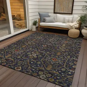 Photo of Navy Blue Brown And Red Floral Washable Indoor Outdoor Area Rug