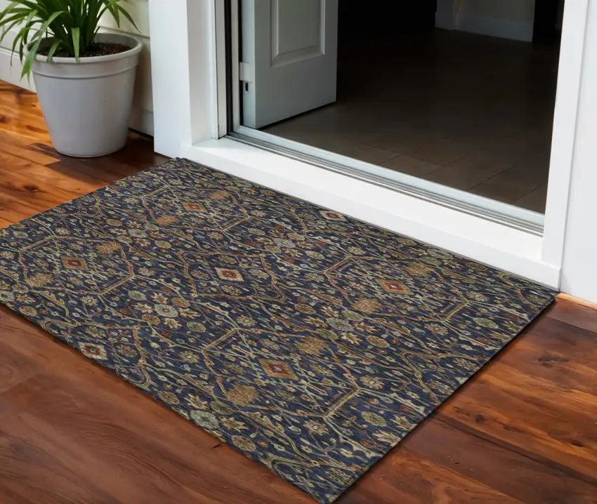 Navy Blue Brown And Red Floral Washable Indoor Outdoor Area Rug Photo 1