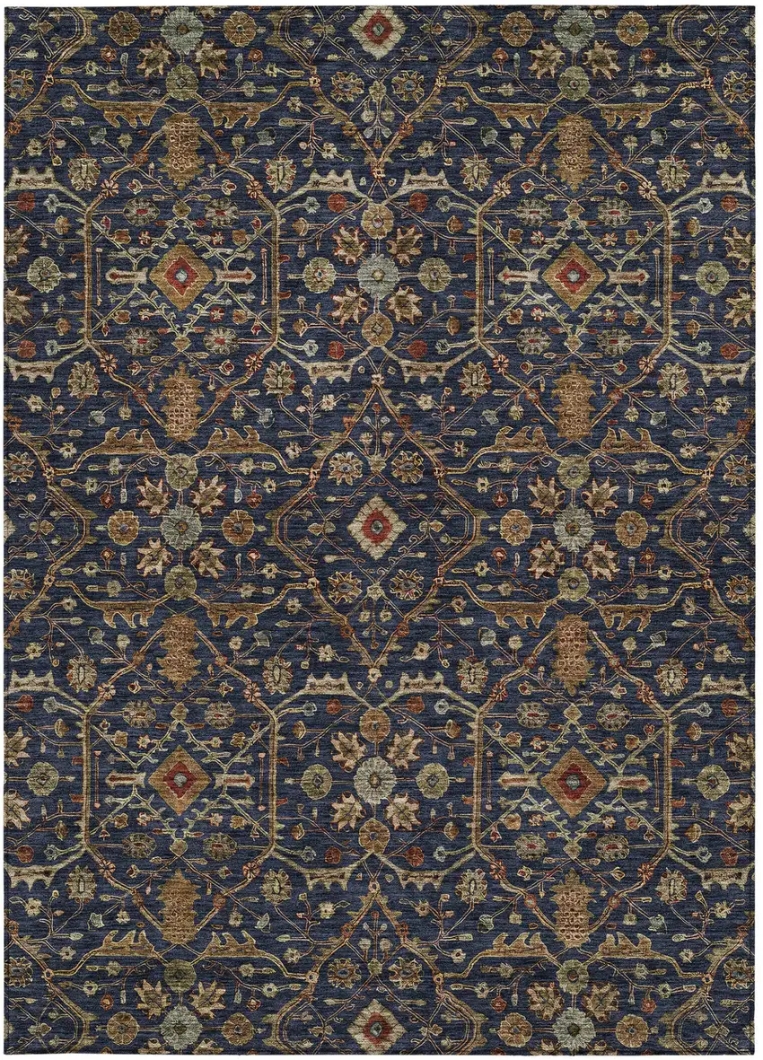 Navy Blue Brown And Red Floral Washable Indoor Outdoor Area Rug Photo 7