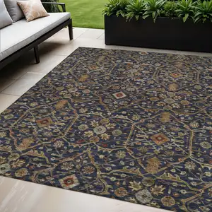 Photo of Navy Blue Brown And Red Floral Washable Indoor Outdoor Area Rug