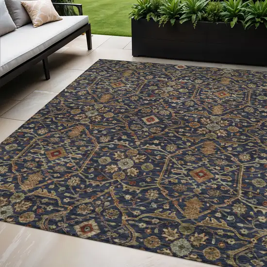 Navy Blue Brown And Red Floral Washable Indoor Outdoor Area Rug Photo 1