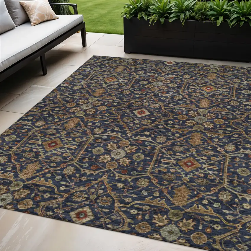 Navy Blue Brown And Red Floral Washable Indoor Outdoor Area Rug Photo 1