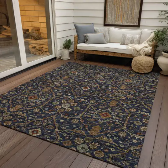 Navy Blue Brown And Red Floral Washable Indoor Outdoor Area Rug Photo 8