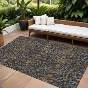 Photo of Navy Blue Brown And Red Floral Washable Indoor Outdoor Area Rug