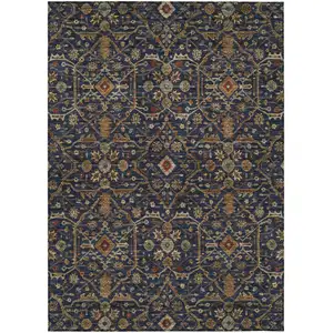 Photo of Navy Blue Brown And Red Floral Washable Indoor Outdoor Area Rug