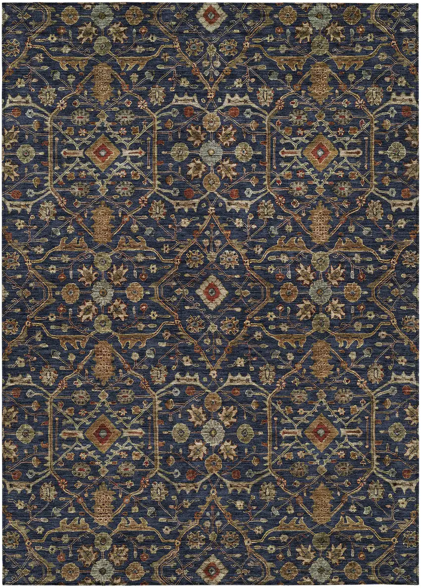 Navy Blue Brown And Red Floral Washable Indoor Outdoor Area Rug Photo 2