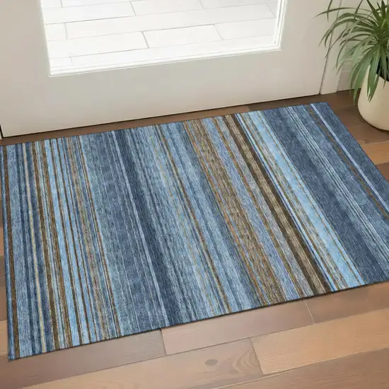 Navy Blue Brown And Taupe Striped Washable Area Rug With UV Protection Photo 1