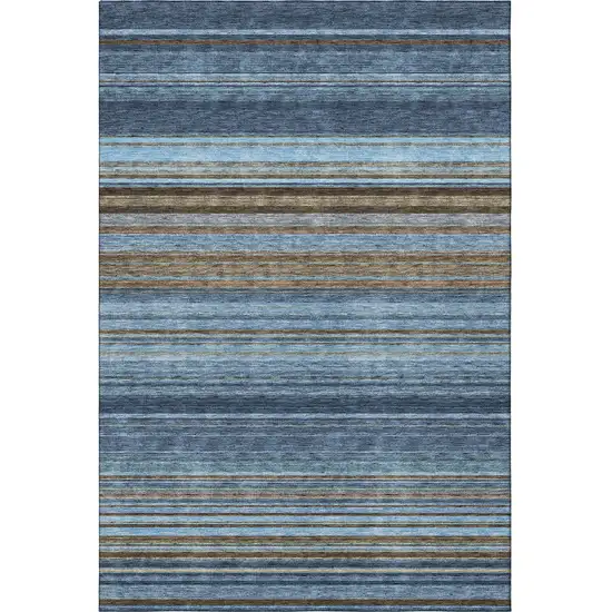Navy Blue Brown And Taupe Striped Washable Area Rug With UV Protection Photo 2