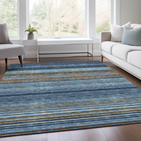 Navy Blue Brown And Taupe Striped Washable Area Rug With UV Protection Photo 4